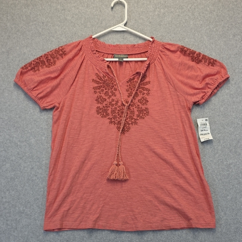Style & Co. Sea Coral Embroidered Peasant Top Small Tassel Tie NWT